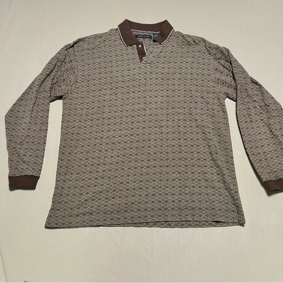 Robert Stock Patterned Polo Long Sleeve Medium Mens Brown Beige Tan Diamond - Picture 1 of 7